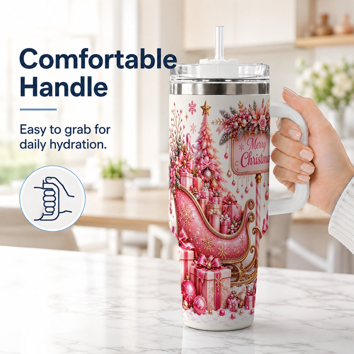 #pl[White] Pink Christmas Sleigh 40oz Tumbler with Handle, Festive Floral Art