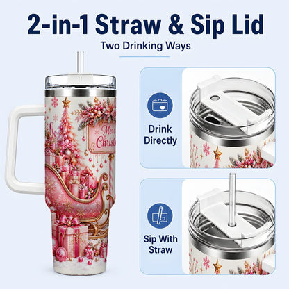 #pl[White] Pink Christmas Sleigh 40oz Tumbler with Handle, Festive Floral Art
