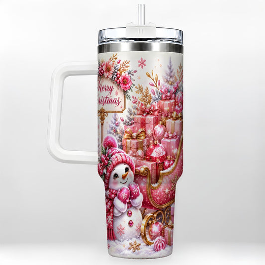 Pink Christmas Snowman 40oz Tumbler with Handle, Festive Sleigh Art