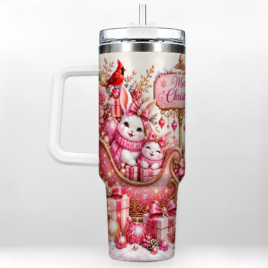 Christmas Bunnies 40oz Tumbler with Handle, Pink Woodland Animal Art