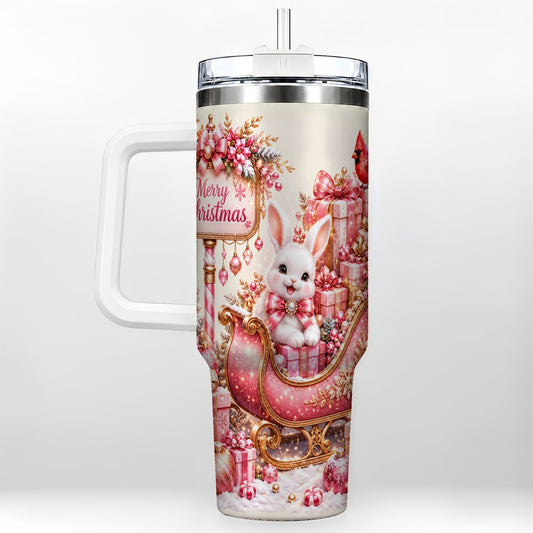 Christmas Bunny 40oz Tumbler with Handle, Festive Sleigh Winter Art