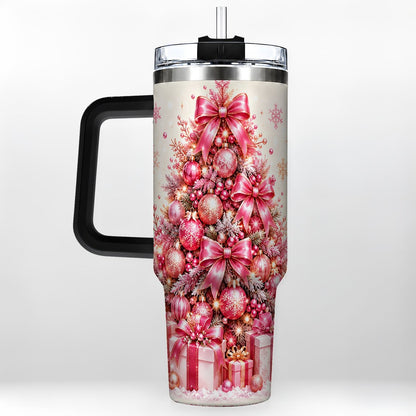 #pl[Black] Pink Christmas Tree 40oz Tumbler with Handle, Festive Ornament Design