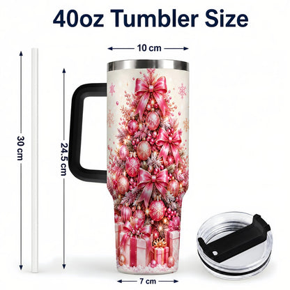 #pl[Black] Pink Christmas Tree 40oz Tumbler with Handle, Festive Ornament Design