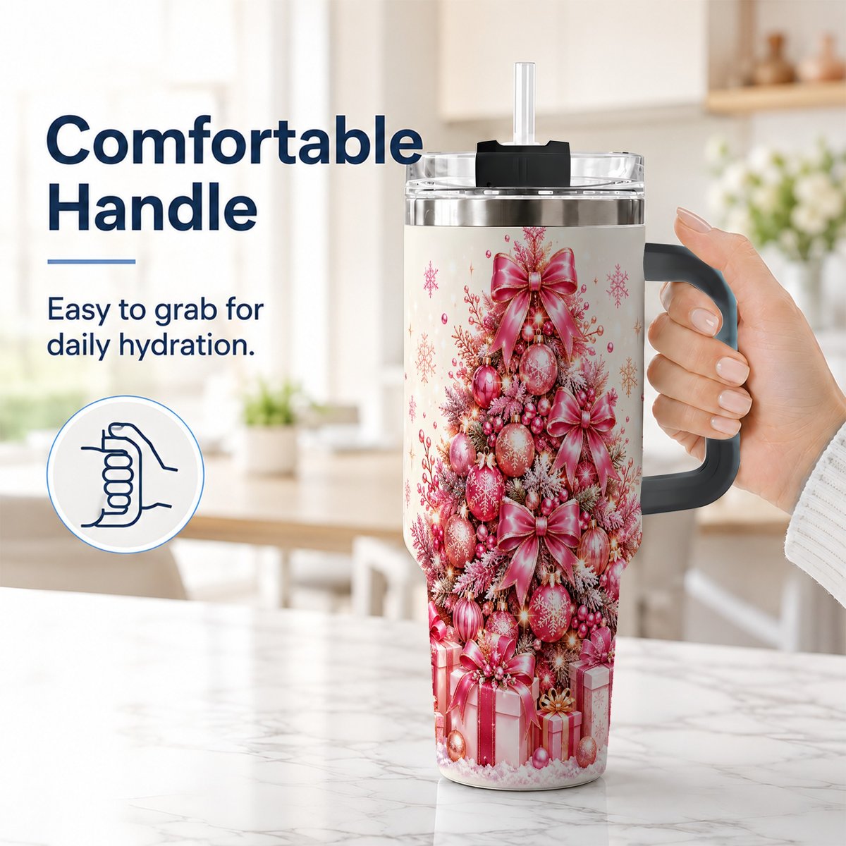 #pl[Black] Pink Christmas Tree 40oz Tumbler with Handle, Festive Ornament Design