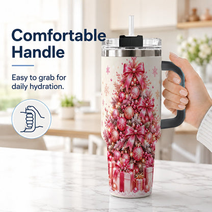 #pl[Black] Pink Christmas Tree 40oz Tumbler with Handle, Festive Ornament Design