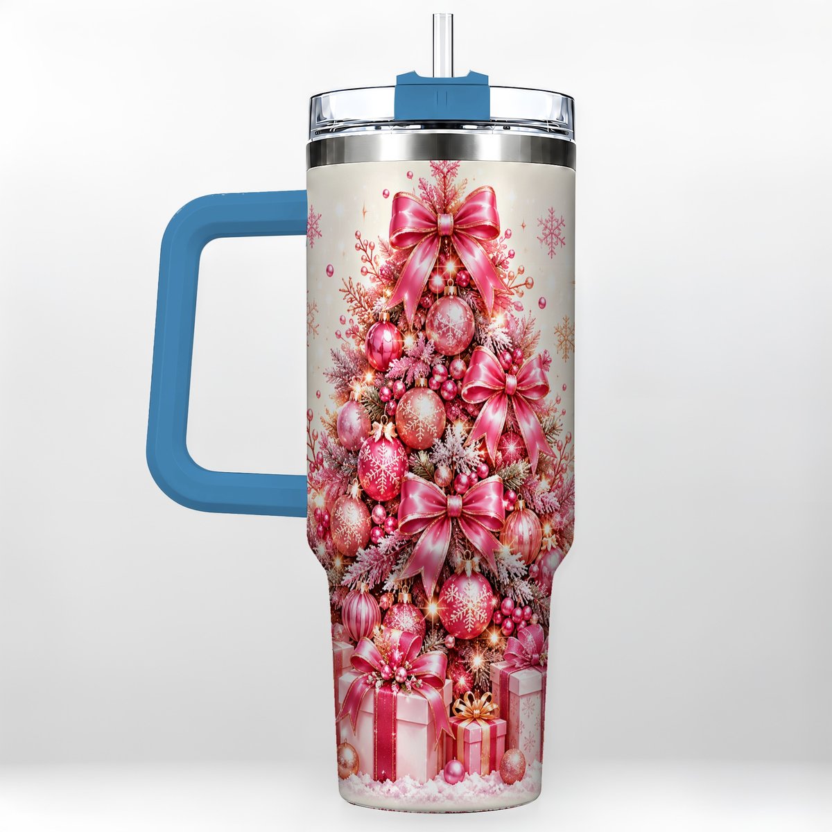 #pl[Blue] Pink Christmas Tree 40oz Tumbler with Handle, Festive Ornament Design