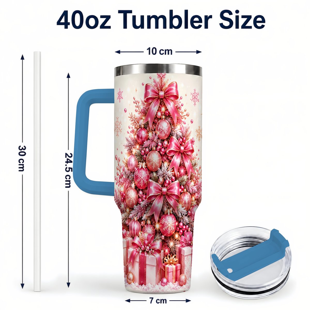 #pl[Blue] Pink Christmas Tree 40oz Tumbler with Handle, Festive Ornament Design