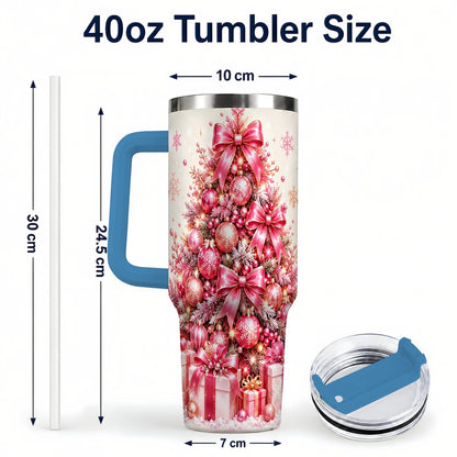 #pl[Blue] Pink Christmas Tree 40oz Tumbler with Handle, Festive Ornament Design