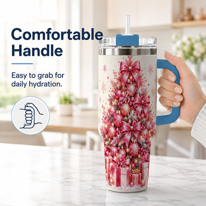 #pl[Blue] Pink Christmas Tree 40oz Tumbler with Handle, Festive Ornament Design