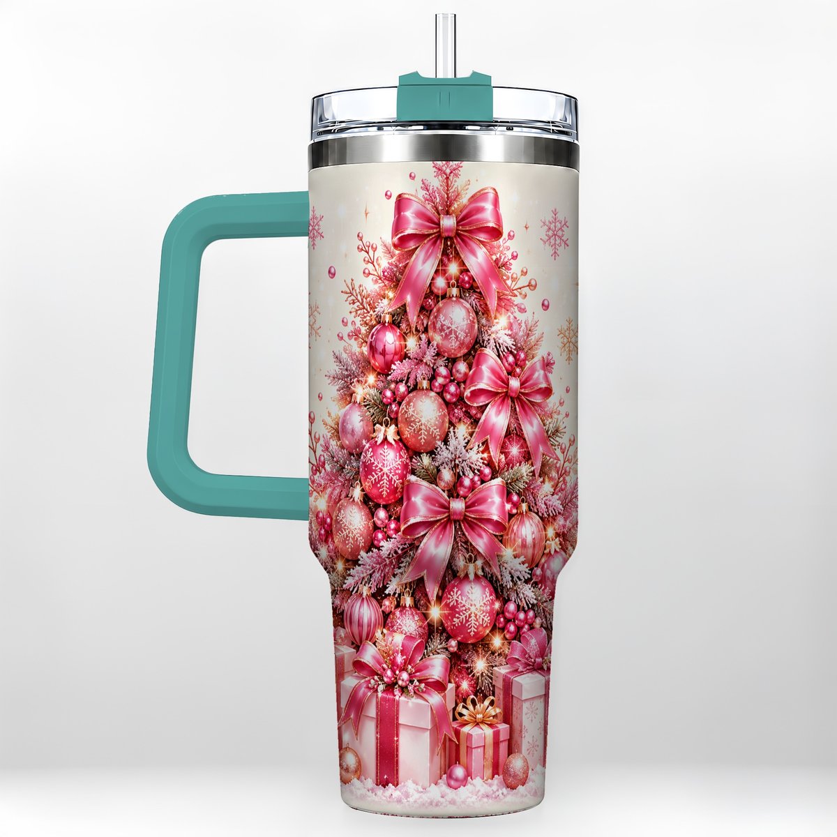 #pl[Green] Pink Christmas Tree 40oz Tumbler with Handle, Festive Ornament Design