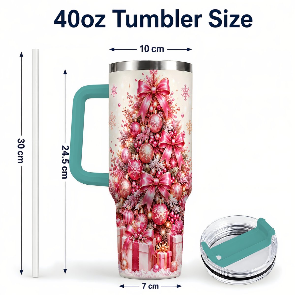 #pl[Green] Pink Christmas Tree 40oz Tumbler with Handle, Festive Ornament Design