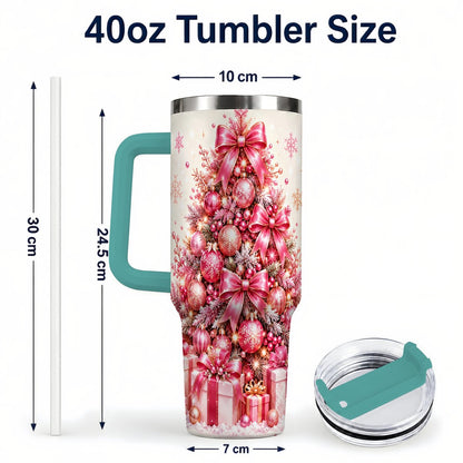 #pl[Green] Pink Christmas Tree 40oz Tumbler with Handle, Festive Ornament Design