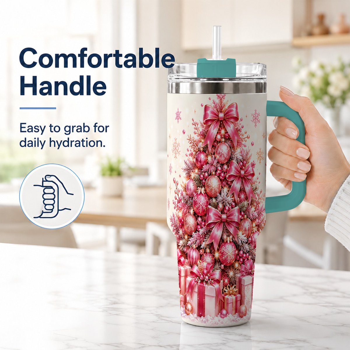 #pl[Green] Pink Christmas Tree 40oz Tumbler with Handle, Festive Ornament Design
