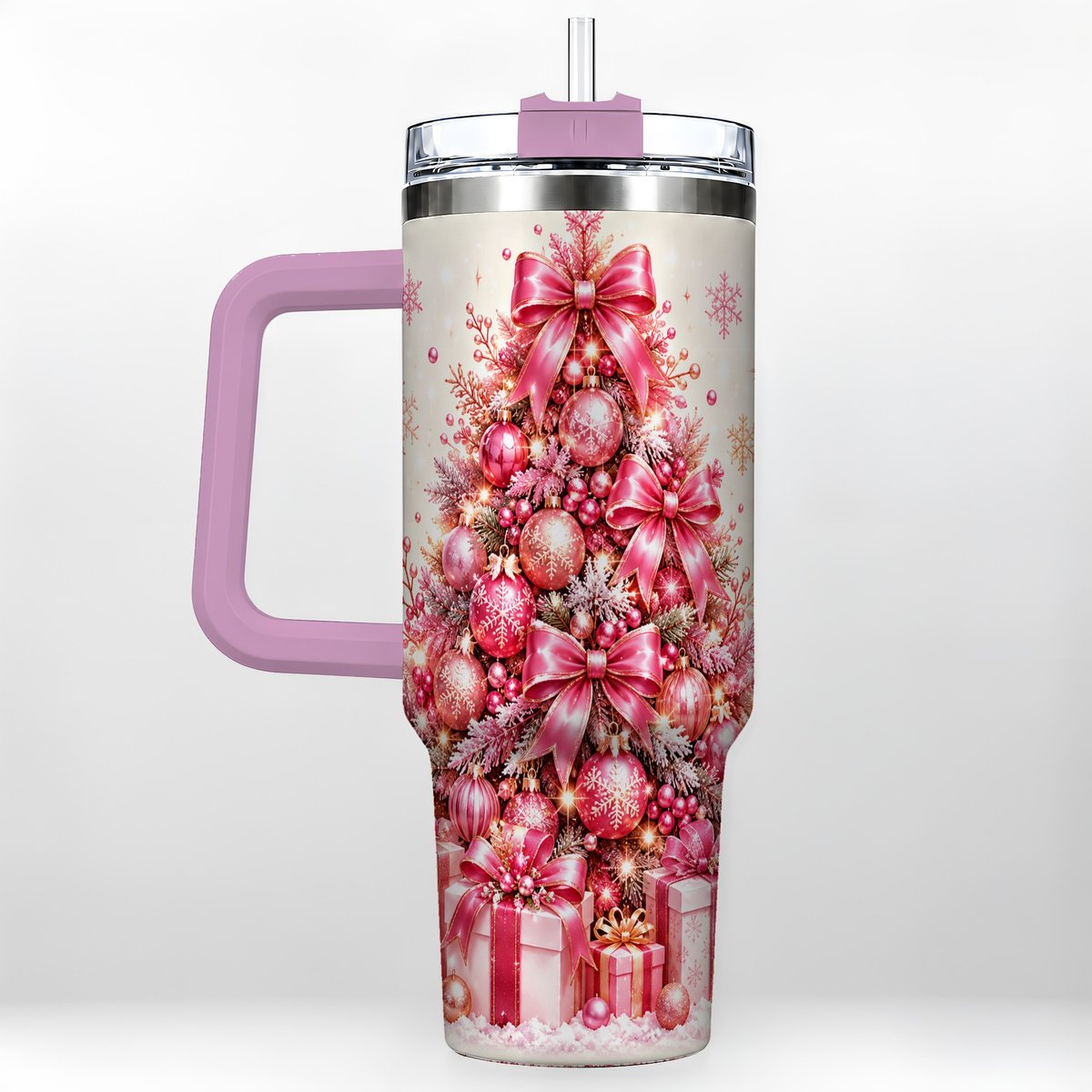 #pl[Pink] Pink Christmas Tree 40oz Tumbler with Handle, Festive Ornament Design