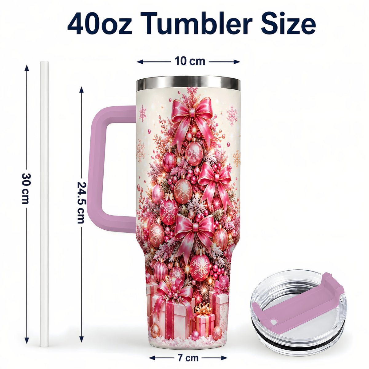 #pl[Pink] Pink Christmas Tree 40oz Tumbler with Handle, Festive Ornament Design