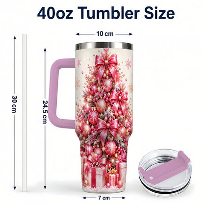 #pl[Pink] Pink Christmas Tree 40oz Tumbler with Handle, Festive Ornament Design