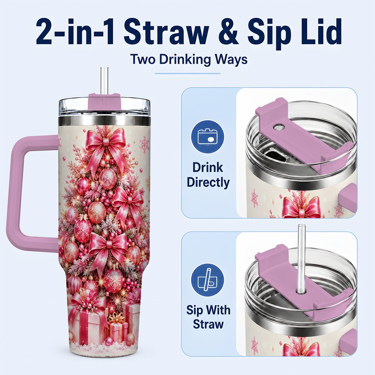 #pl[Pink] Pink Christmas Tree 40oz Tumbler with Handle, Festive Ornament Design