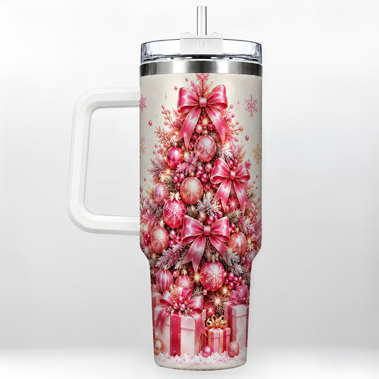 Pink Christmas Tree 40oz Tumbler with Handle, Festive Ornament Design