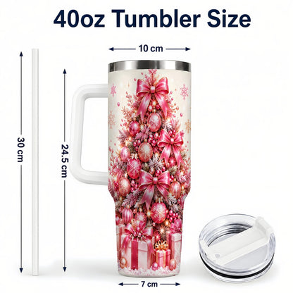 #pl[White] Pink Christmas Tree 40oz Tumbler with Handle, Festive Ornament Design