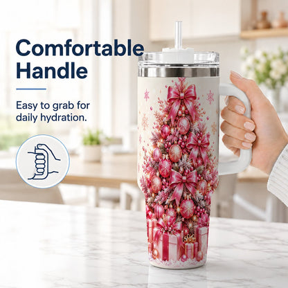 #pl[White] Pink Christmas Tree 40oz Tumbler with Handle, Festive Ornament Design