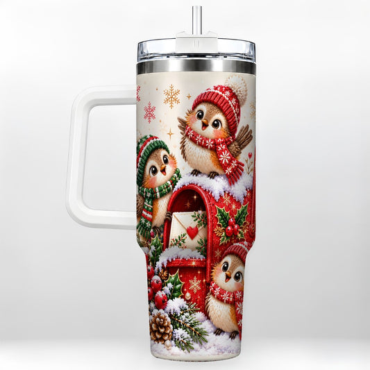 Christmas Birds 40oz Tumbler with Handle, Cute Snowy Mailbox Artwork