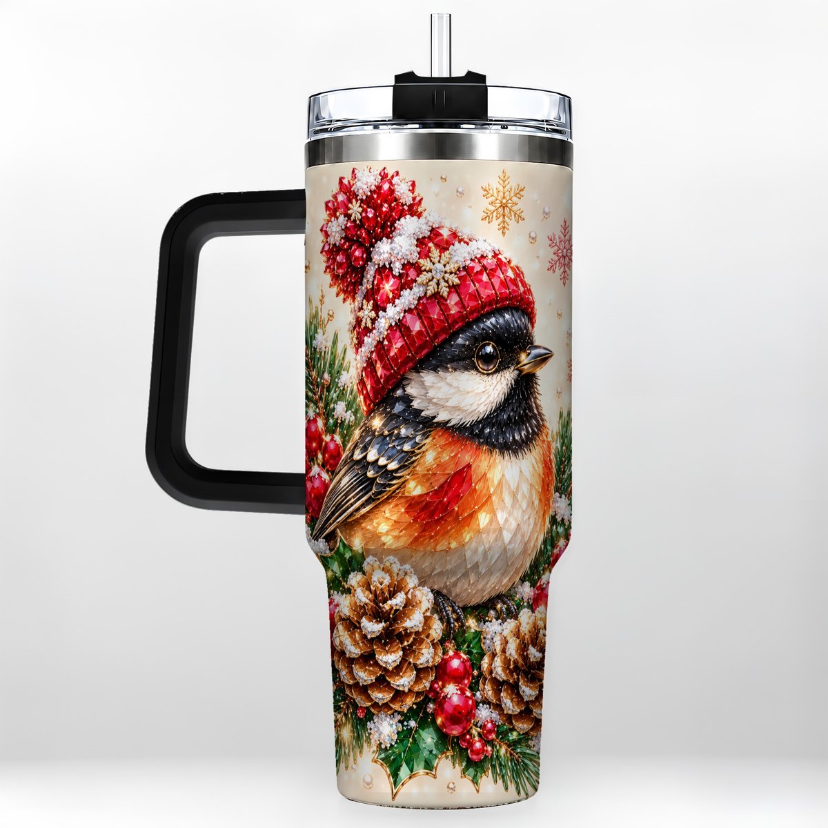 #pl[Black] Christmas Chickadee 40oz Tumbler with Handle, Snowy Pine Bird Artwork
