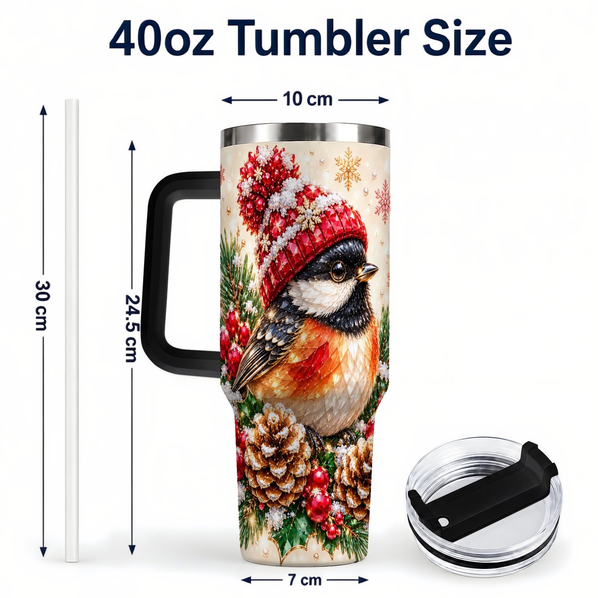 #pl[Black] Christmas Chickadee 40oz Tumbler with Handle, Snowy Pine Bird Artwork