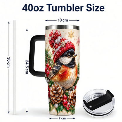 #pl[Black] Christmas Chickadee 40oz Tumbler with Handle, Snowy Pine Bird Artwork