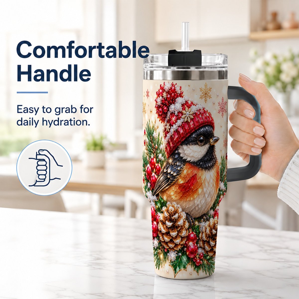 #pl[Black] Christmas Chickadee 40oz Tumbler with Handle, Snowy Pine Bird Artwork