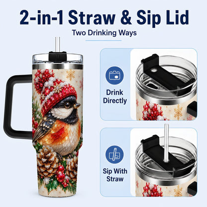 #pl[Black] Christmas Chickadee 40oz Tumbler with Handle, Snowy Pine Bird Artwork
