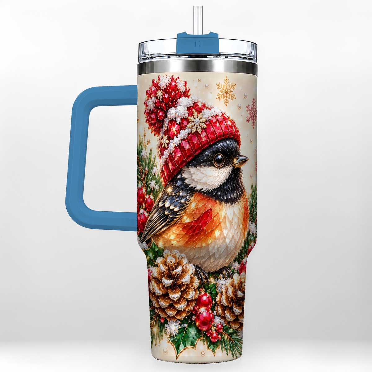#pl[Blue] Christmas Chickadee 40oz Tumbler with Handle, Snowy Pine Bird Artwork