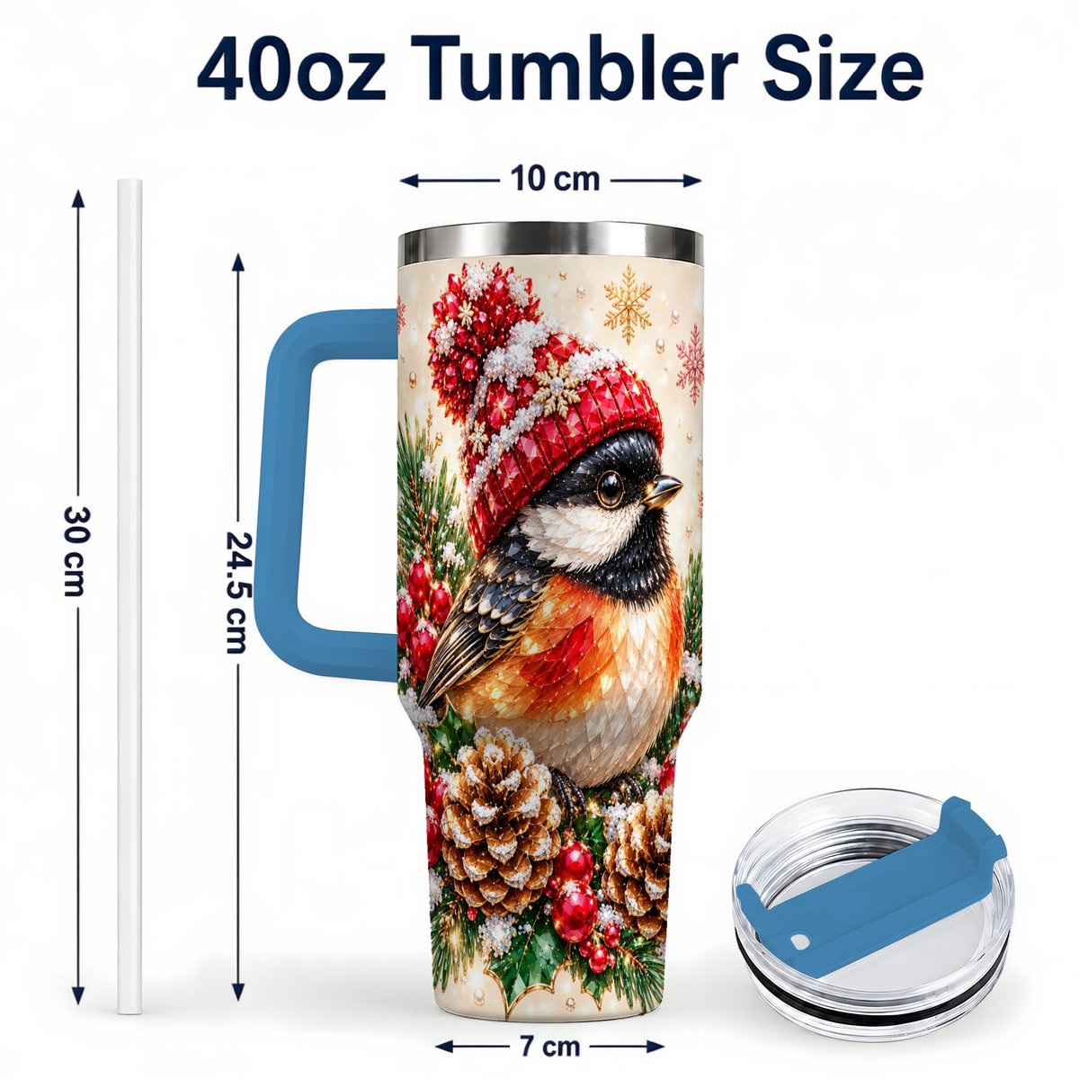 #pl[Blue] Christmas Chickadee 40oz Tumbler with Handle, Snowy Pine Bird Artwork