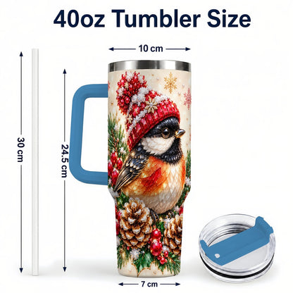 #pl[Blue] Christmas Chickadee 40oz Tumbler with Handle, Snowy Pine Bird Artwork