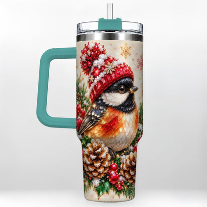 #pl[Green] Christmas Chickadee 40oz Tumbler with Handle, Snowy Pine Bird Artwork