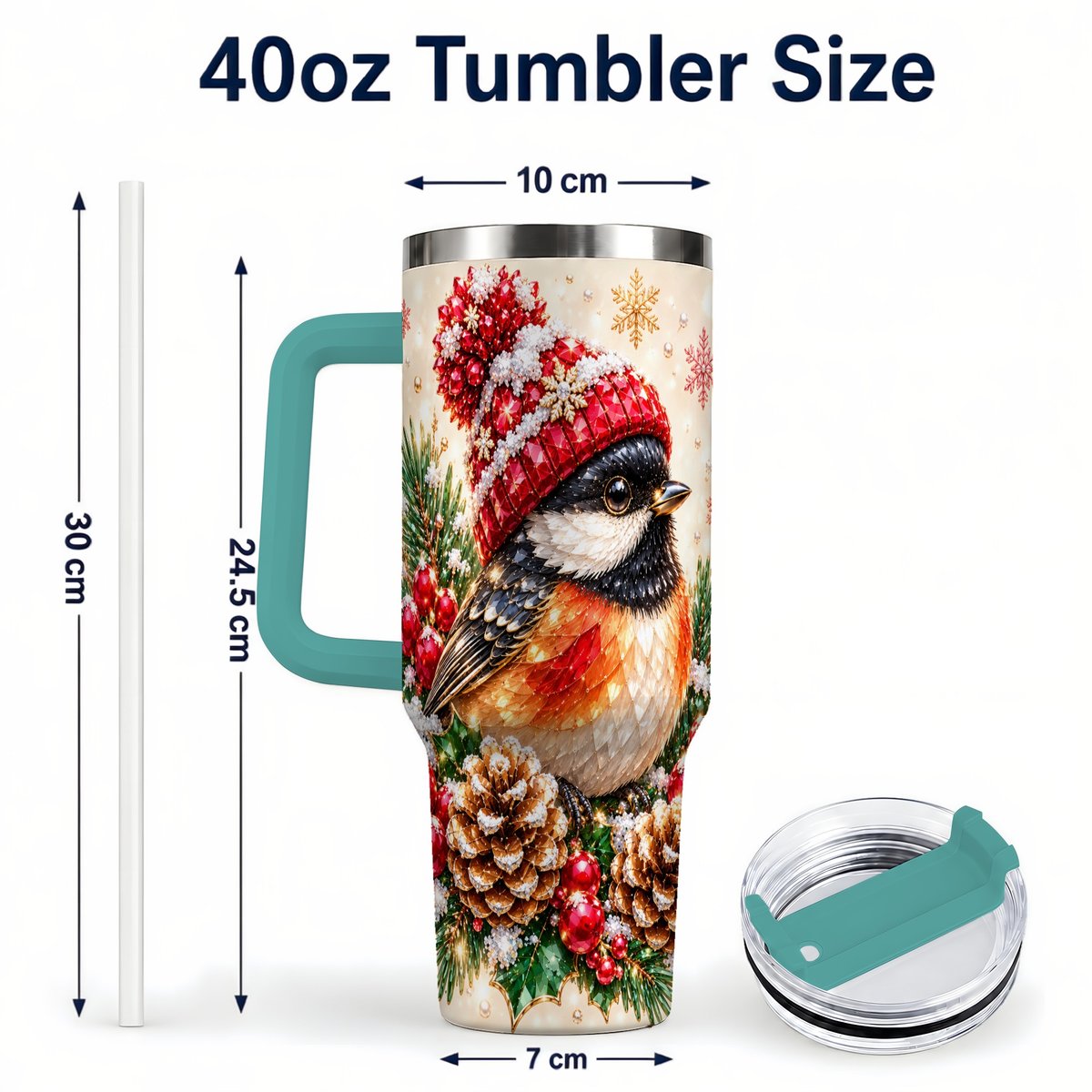 #pl[Green] Christmas Chickadee 40oz Tumbler with Handle, Snowy Pine Bird Artwork