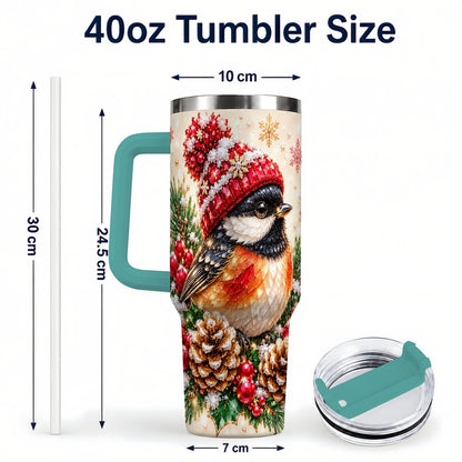 #pl[Green] Christmas Chickadee 40oz Tumbler with Handle, Snowy Pine Bird Artwork