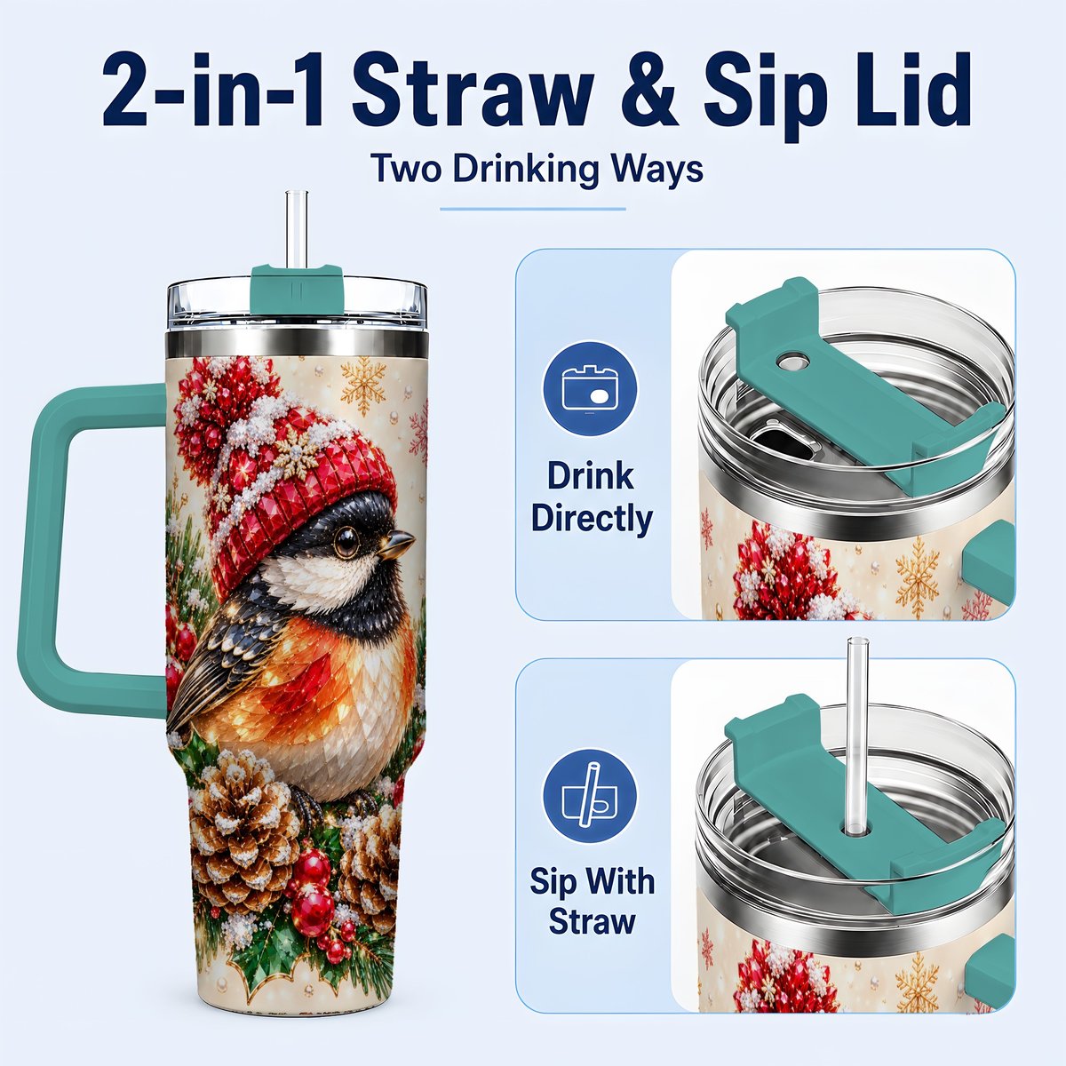 #pl[Green] Christmas Chickadee 40oz Tumbler with Handle, Snowy Pine Bird Artwork