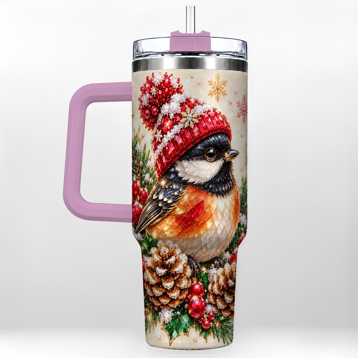 #pl[Pink] Christmas Chickadee 40oz Tumbler with Handle, Snowy Pine Bird Artwork