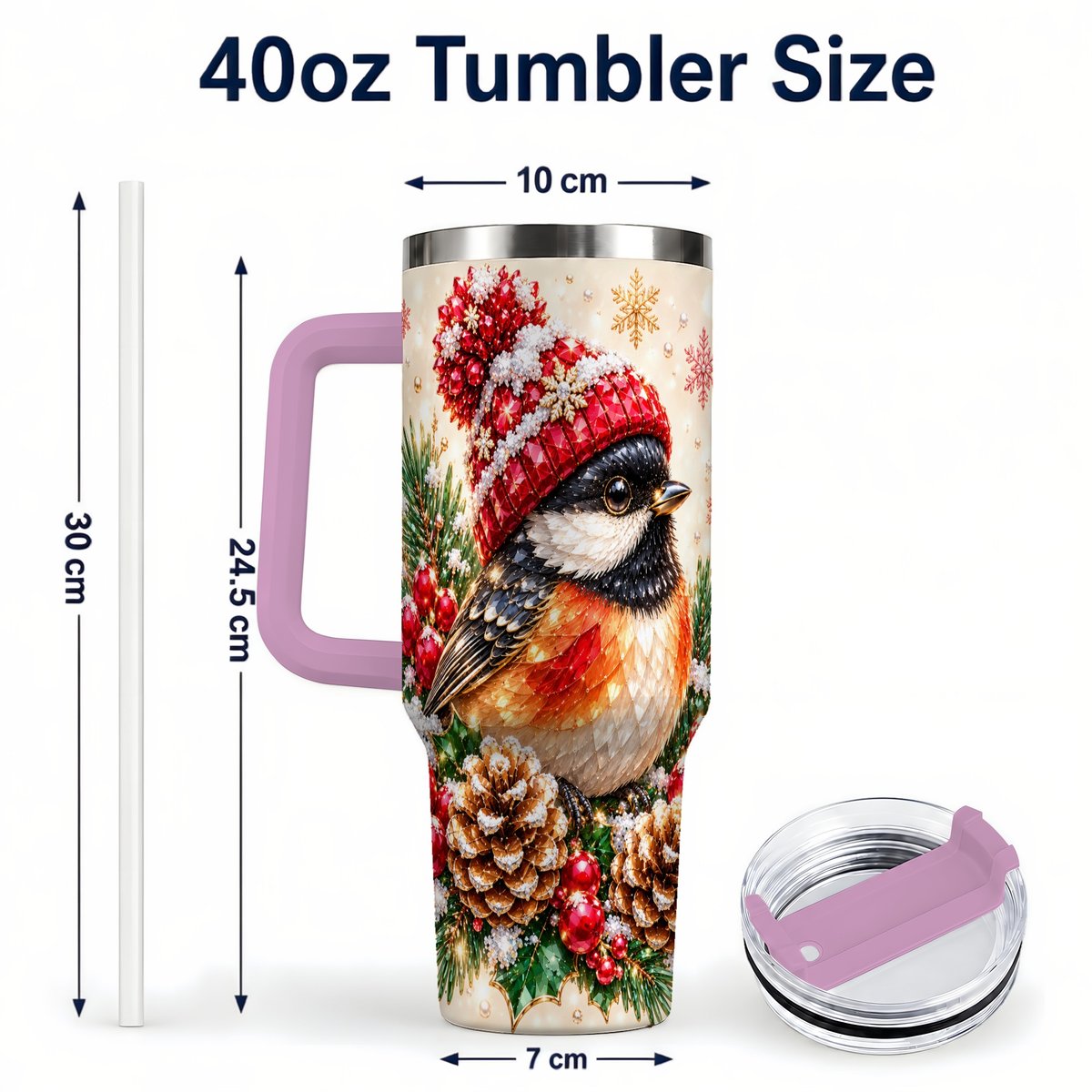 #pl[Pink] Christmas Chickadee 40oz Tumbler with Handle, Snowy Pine Bird Artwork