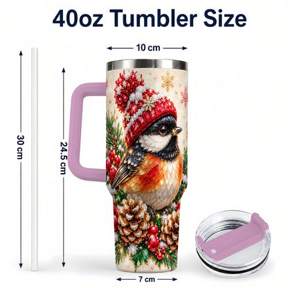 #pl[Pink] Christmas Chickadee 40oz Tumbler with Handle, Snowy Pine Bird Artwork