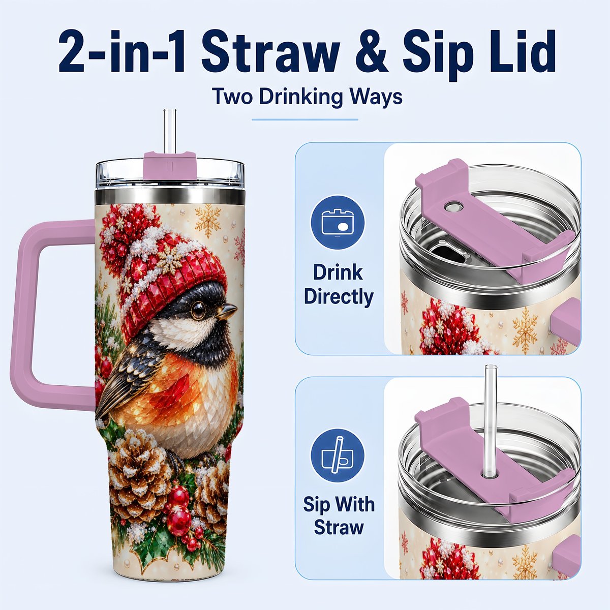 #pl[Pink] Christmas Chickadee 40oz Tumbler with Handle, Snowy Pine Bird Artwork