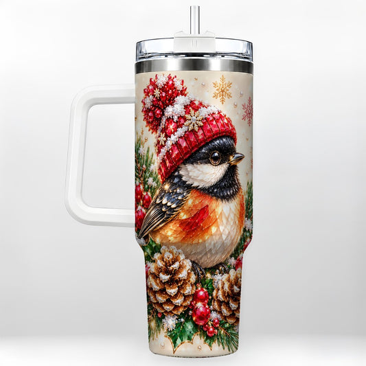 Christmas Chickadee 40oz Tumbler with Handle, Snowy Pine Bird Artwork