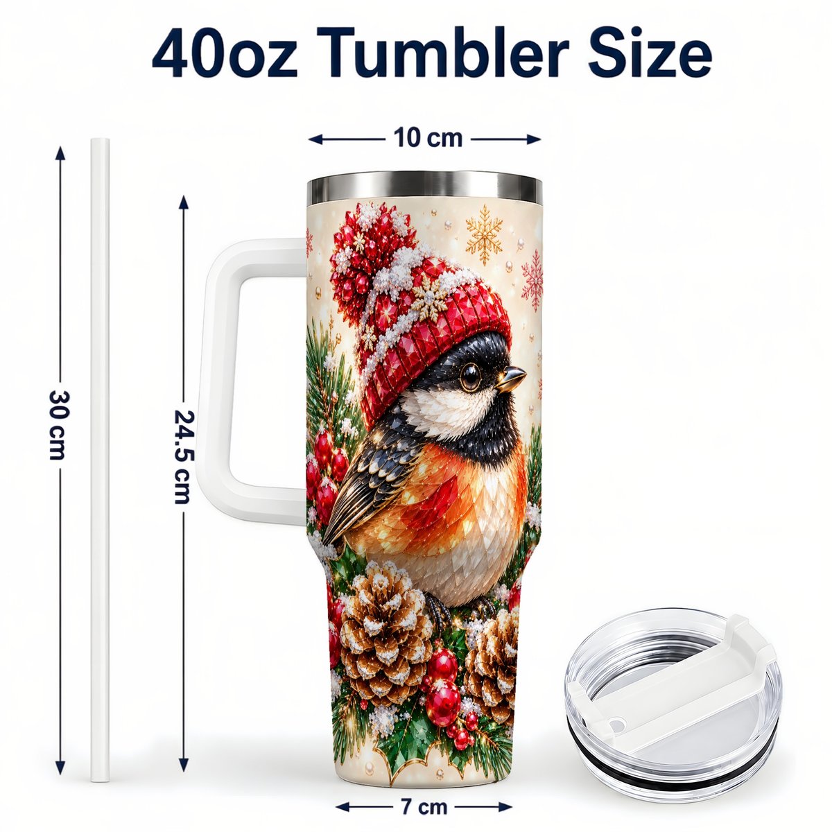 #pl[White] Christmas Chickadee 40oz Tumbler with Handle, Snowy Pine Bird Artwork