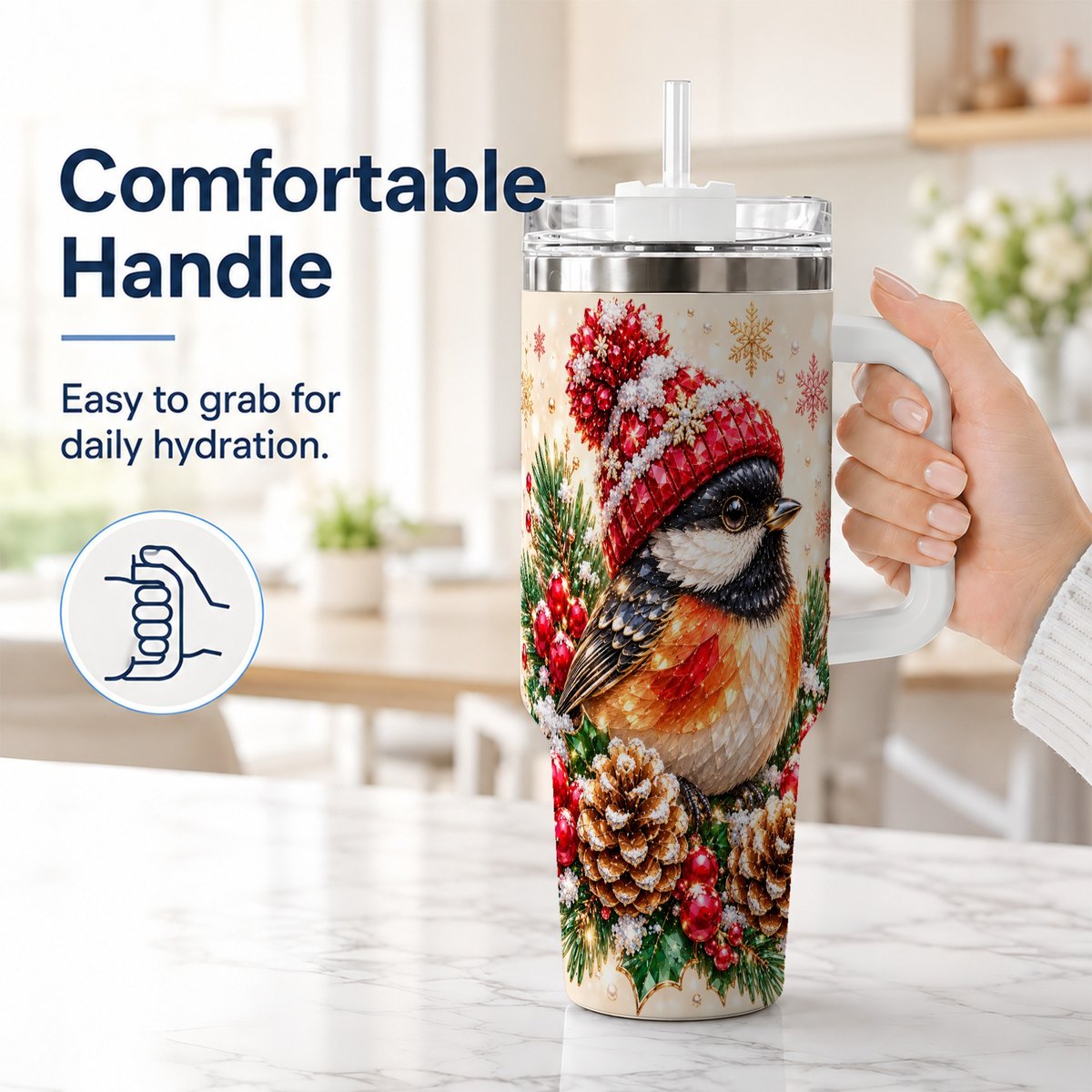 #pl[White] Christmas Chickadee 40oz Tumbler with Handle, Snowy Pine Bird Artwork