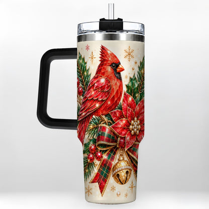#pl[Black] Christmas Cardinal 40oz Tumbler with Handle, Poinsettia Holiday Artwork