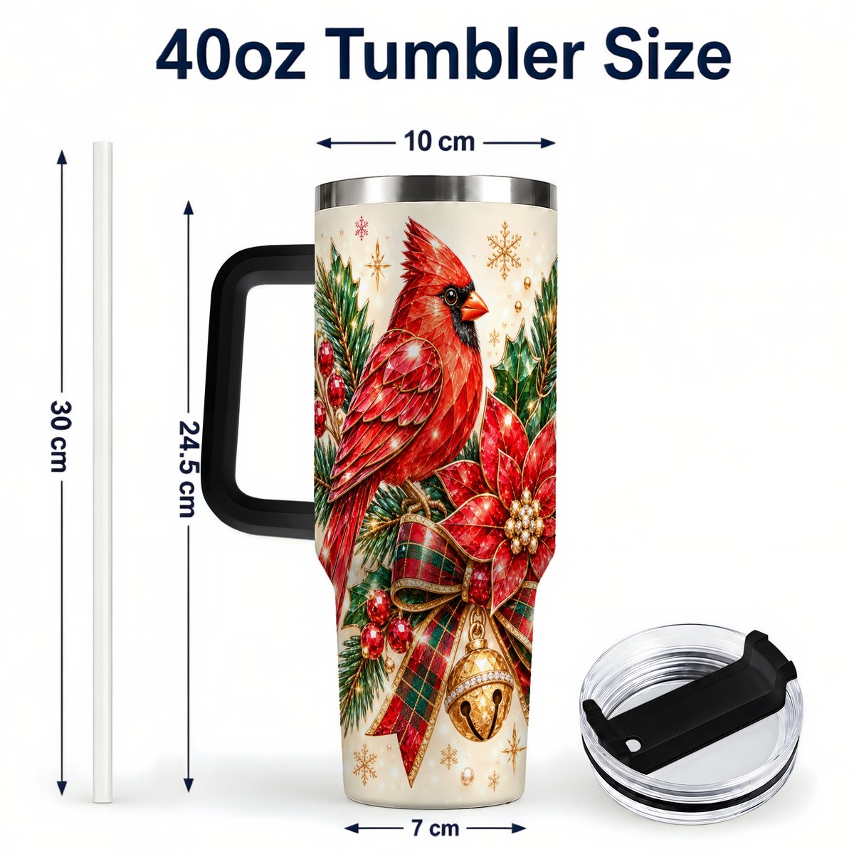#pl[Black] Christmas Cardinal 40oz Tumbler with Handle, Poinsettia Holiday Artwork