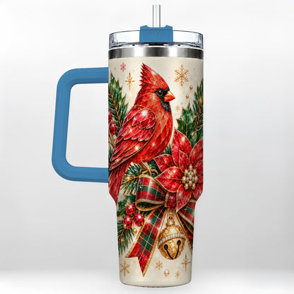 #pl[Blue] Christmas Cardinal 40oz Tumbler with Handle, Poinsettia Holiday Artwork