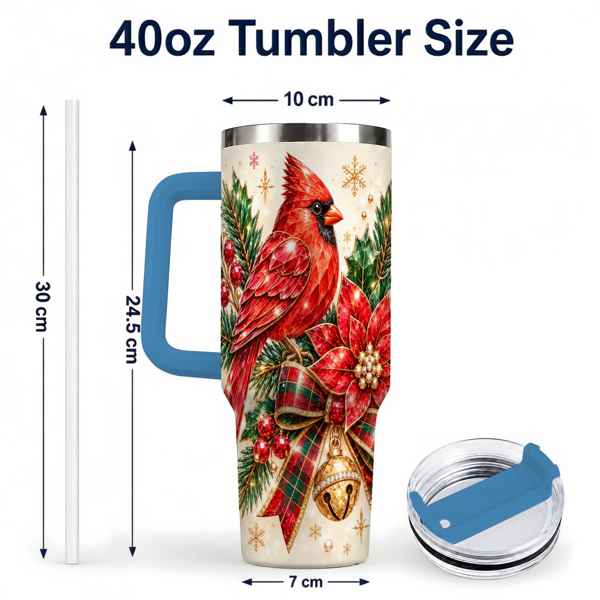 #pl[Blue] Christmas Cardinal 40oz Tumbler with Handle, Poinsettia Holiday Artwork