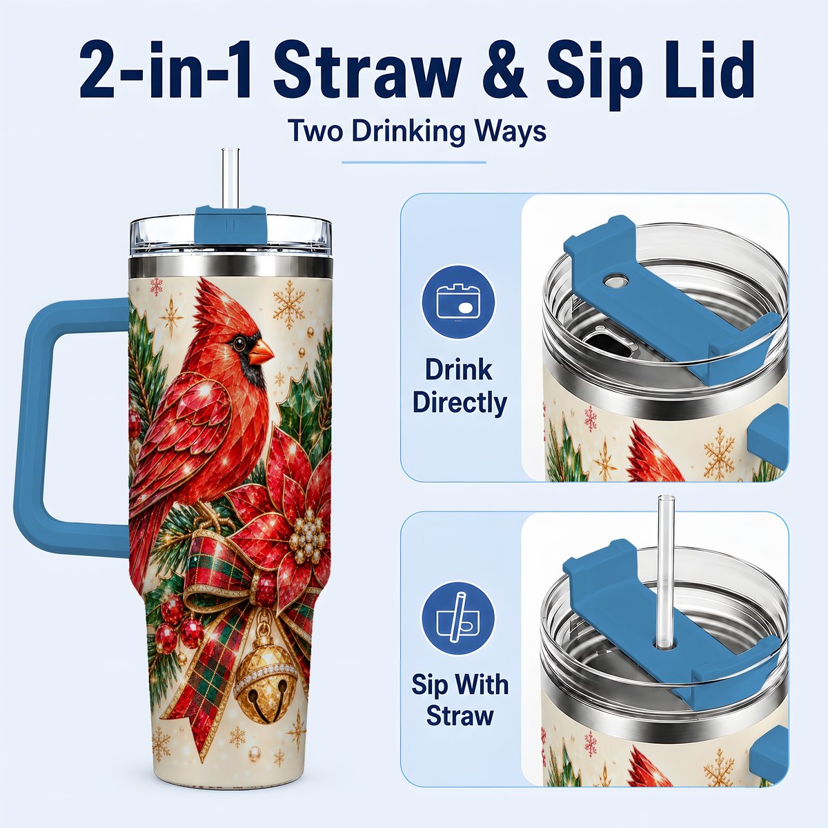 #pl[Blue] Christmas Cardinal 40oz Tumbler with Handle, Poinsettia Holiday Artwork