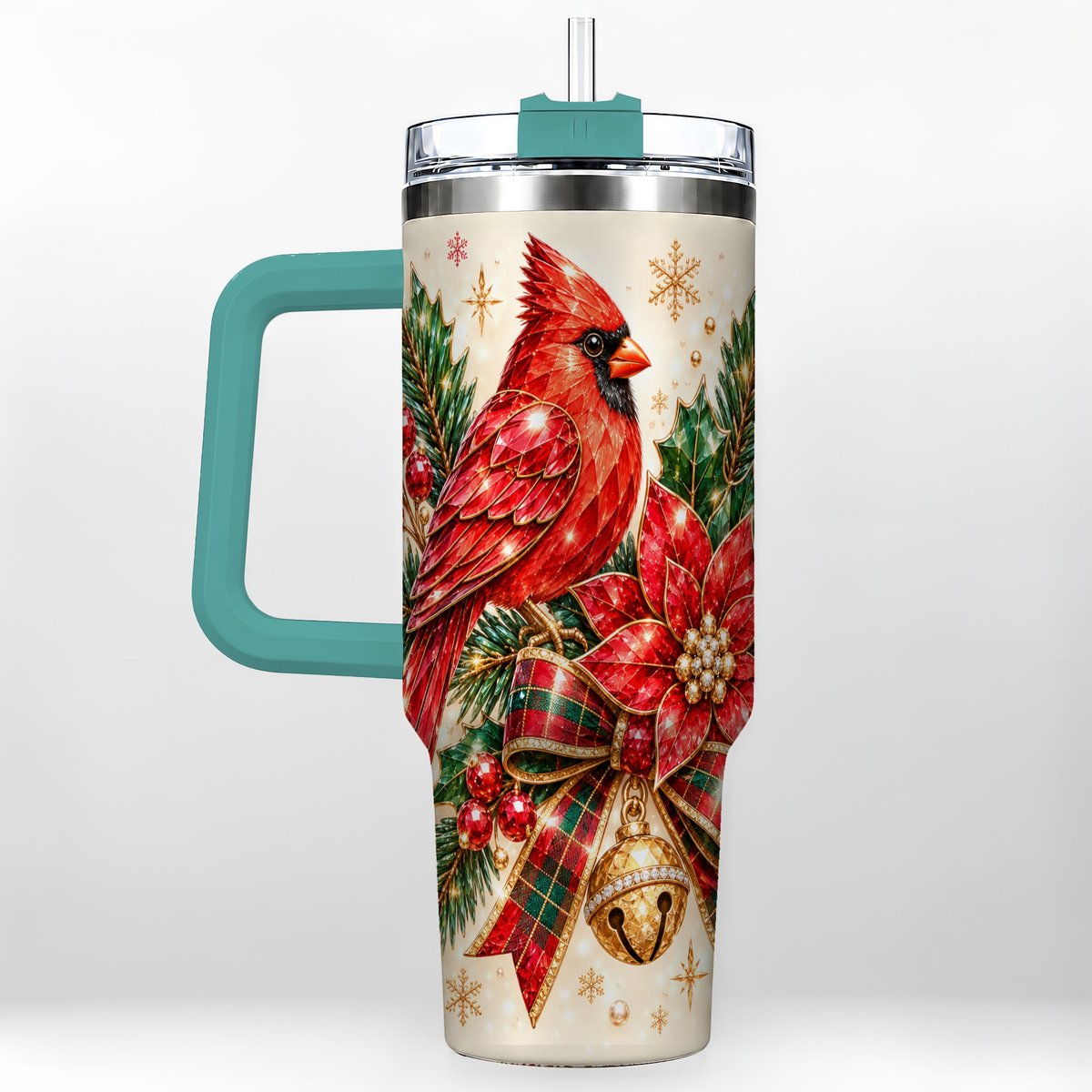 #pl[Green] Christmas Cardinal 40oz Tumbler with Handle, Poinsettia Holiday Artwork